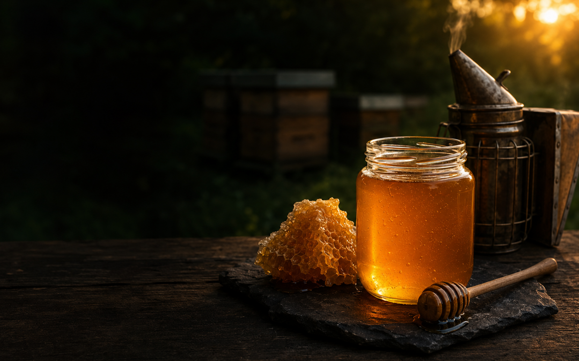 Goldener Honig, Wabe und Imkerwerkzeug vor Bienenstöcken